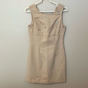 Vintage XOXO tan mini dress with light blue embroidered flowers